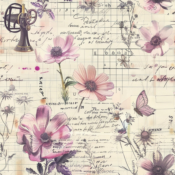 Vintage collage featuring pink flowers, butterflies, old handwritten text, and a sewing machine sketch on a gridded background.