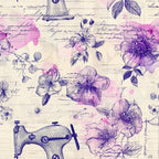Illustration of vintage sewing machines, handwritten text, and floral sketches in shades of purple and pink on a lined background.