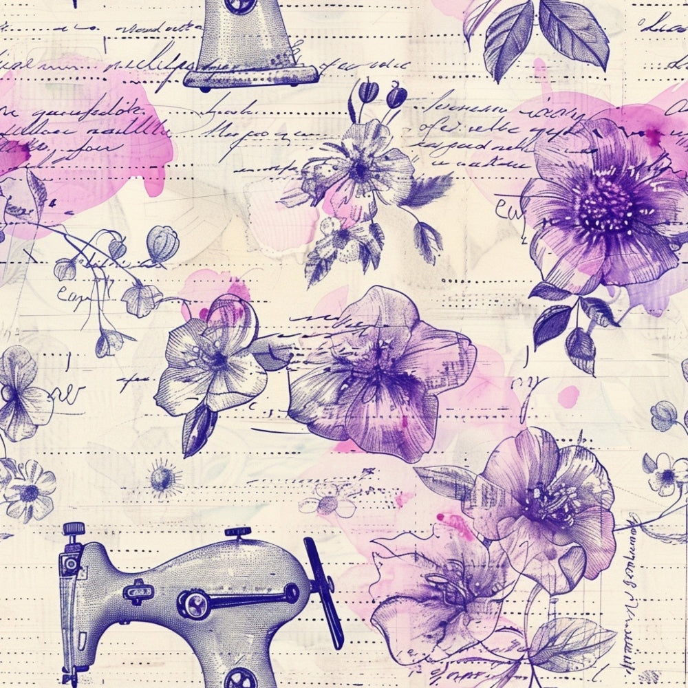 Illustration of vintage sewing machines, handwritten text, and floral sketches in shades of purple and pink on a lined background.