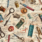 Illustration of vintage sewing items, including scissors, thread spools, needles, and fabric scraps on a background of handwritten notes and sewing patterns.