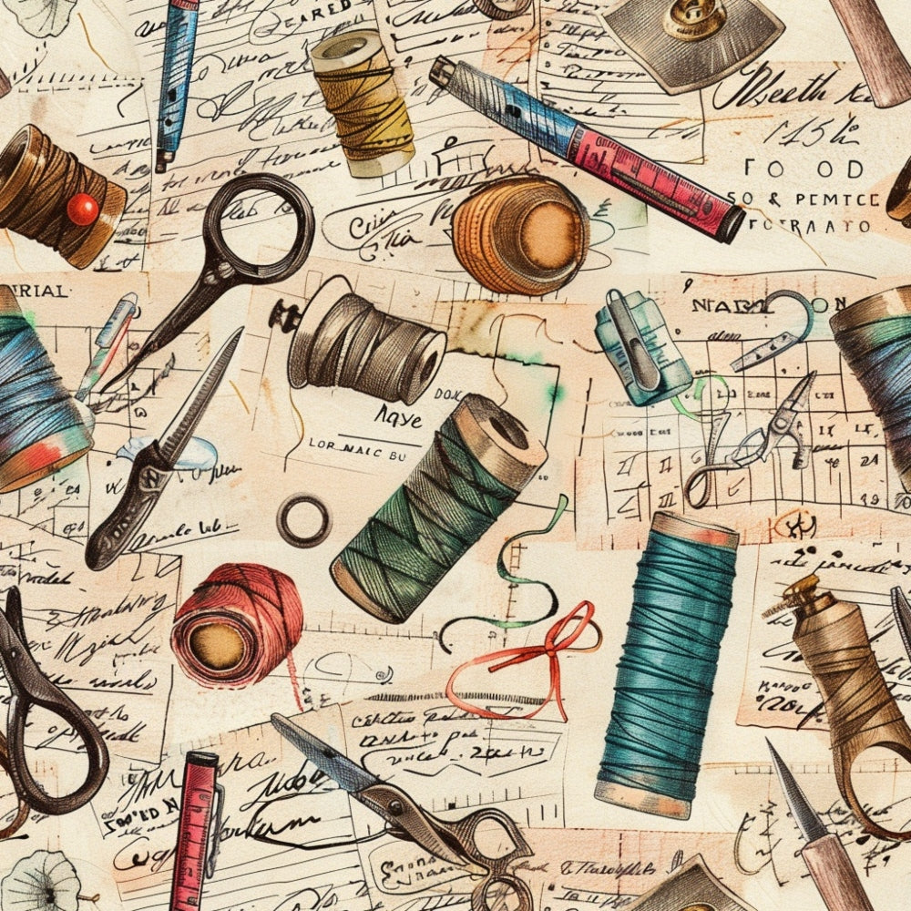 Illustration of vintage sewing items, including scissors, thread spools, needles, and fabric scraps on a background of handwritten notes and sewing patterns.