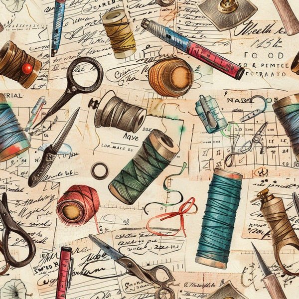 Illustration of vintage sewing items, including scissors, thread spools, needles, and fabric scraps on a background of handwritten notes and sewing patterns.