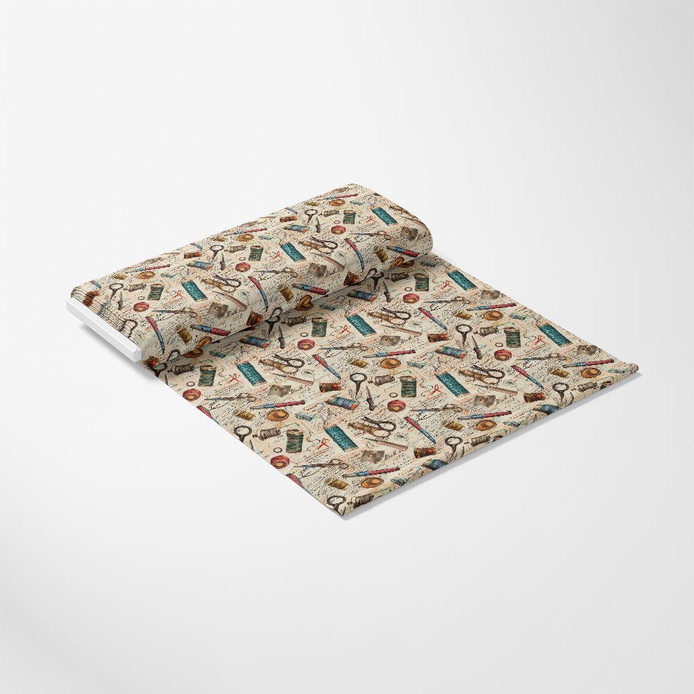 - Sewing Journal Pattern 4 Quilting Cotton Fabric  
- Beige background  
- Vintage sewing tools  
- Scissors  
- Spools of thread  
- Measuring tape  
- Buttons  
- Hand-drawn style  
- Soft texture  
- Quilting material  
- Craft fabric  
- Cotton textile  
- Retro theme  
- Neutral tones  
- Brown, teal, red accents