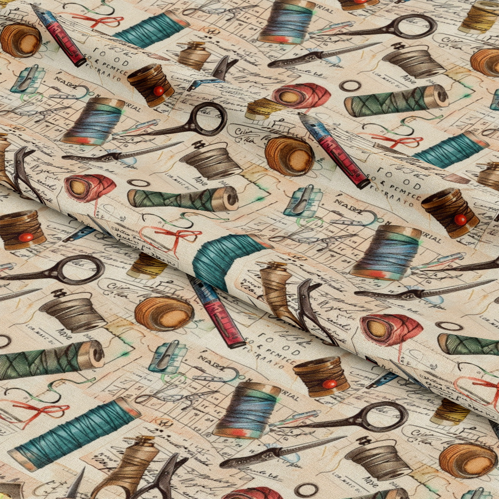- Sewing Journal Pattern 4 Quilting Cotton Fabric  
- vintage sewing tools  
- spools of thread  
- scissors  
- needles  
- beige background  
- brown, teal, red, blue colors  
- quilting fabric  
- cotton textile  
- craft theme  
- retro style  
- stitching elements  
- sewing notions  
- printed yardage