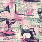 Vintage sewing machines, a typewriter, and an open book against a background of handwritten script and grid patterns with pink and green hues.