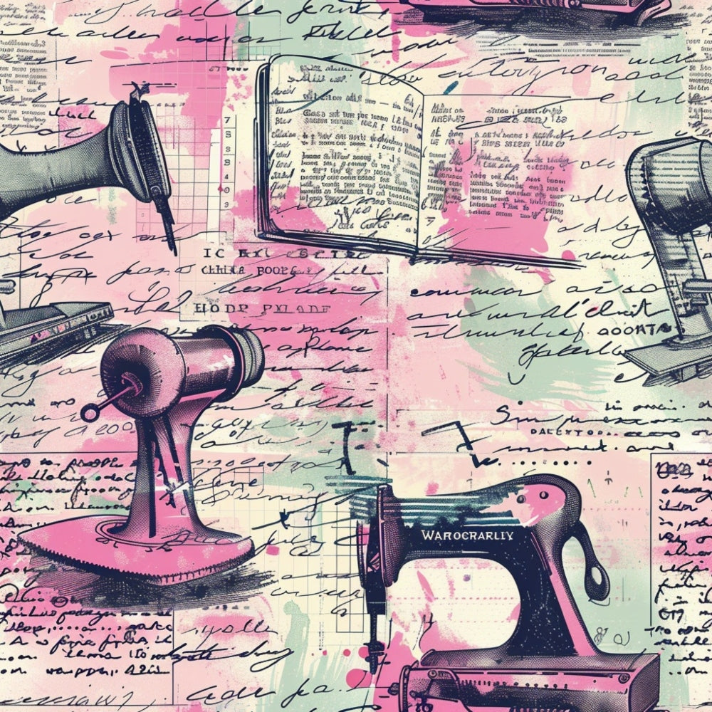 Vintage sewing machines, a typewriter, and an open book against a background of handwritten script and grid patterns with pink and green hues.