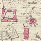 Pattern featuring a pink sewing machine, rose, spool of thread, open notebook, and handwritten script on a beige textured background.