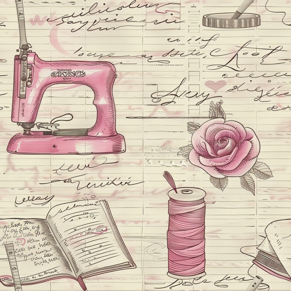 Pattern featuring a pink sewing machine, rose, spool of thread, open notebook, and handwritten script on a beige textured background.