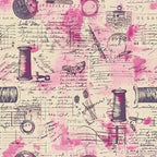 Illustrated fabric design with sewing-themed sketches, including needles, thread spools, and scissors, overlaid on handwritten notes and pink watercolor splashes.
