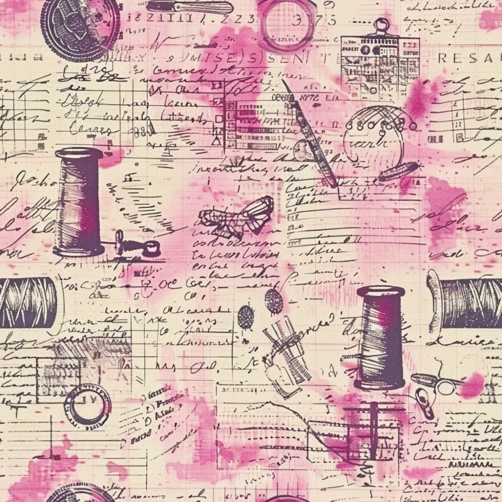 Illustrated fabric design with sewing-themed sketches, including needles, thread spools, and scissors, overlaid on handwritten notes and pink watercolor splashes.