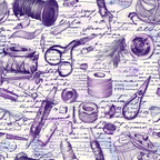 Illustration of sewing items, including spools of thread, scissors, needles, and buttons, overlaid on handwritten text.