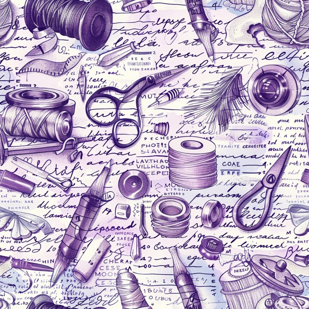 Illustration of sewing items, including spools of thread, scissors, needles, and buttons, overlaid on handwritten text.