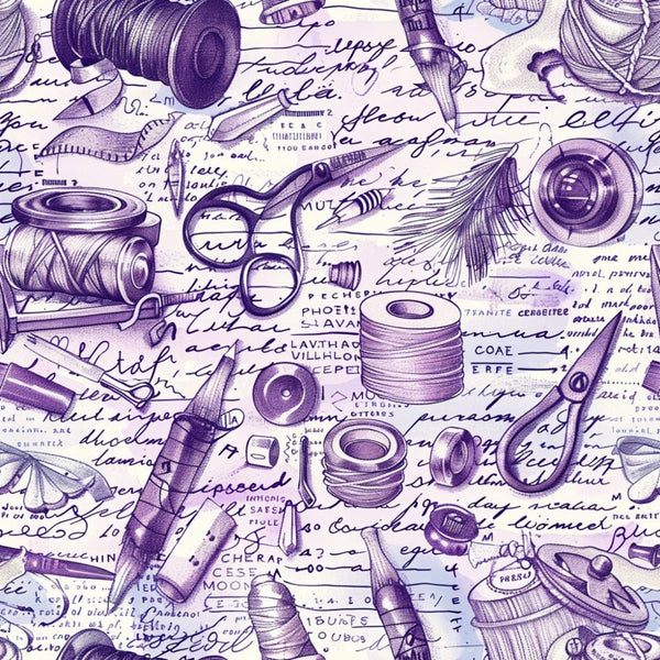 Illustration of sewing items, including spools of thread, scissors, needles, and buttons, overlaid on handwritten text.