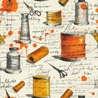 Illustrated sewing tools with vibrant spools of orange and yellow thread, scissors, and handwritten script on a white background splattered with orange ink.