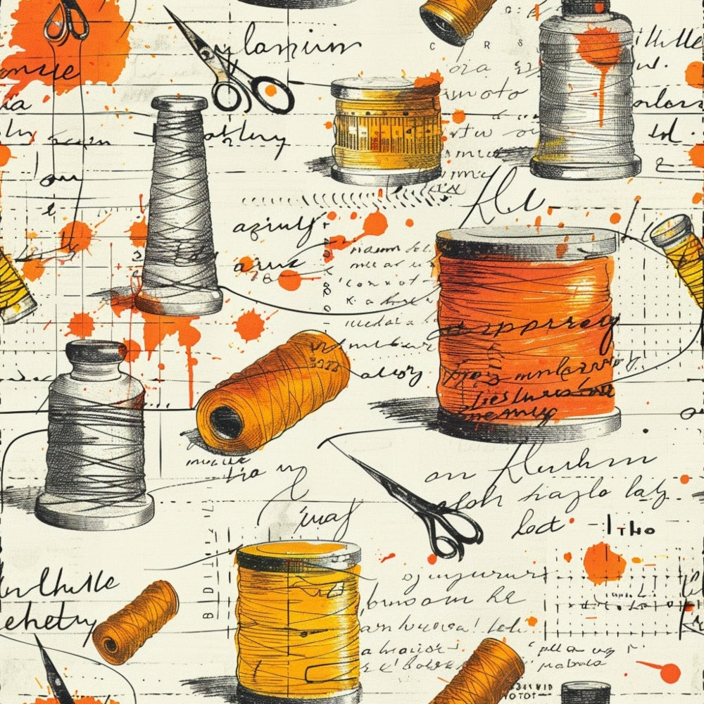 Illustrated sewing tools with vibrant spools of orange and yellow thread, scissors, and handwritten script on a white background splattered with orange ink.