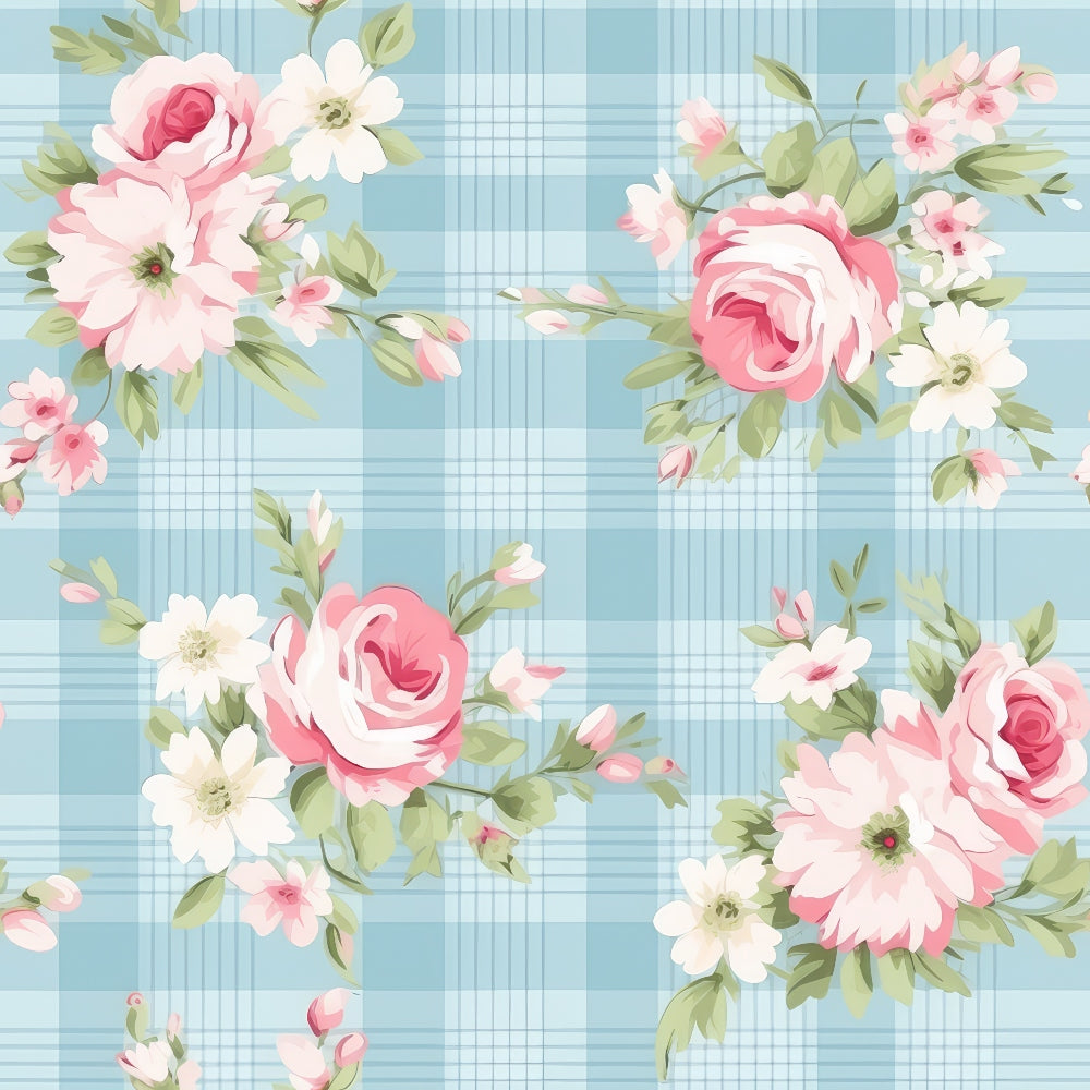 Blue plaid pattern with pink and white floral accents.