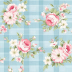 Blue plaid pattern with pink and white floral accents.