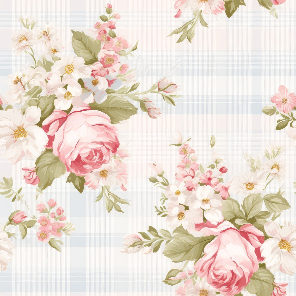 Floral pattern with pink roses, white flowers, and green leaves on a light plaid background.