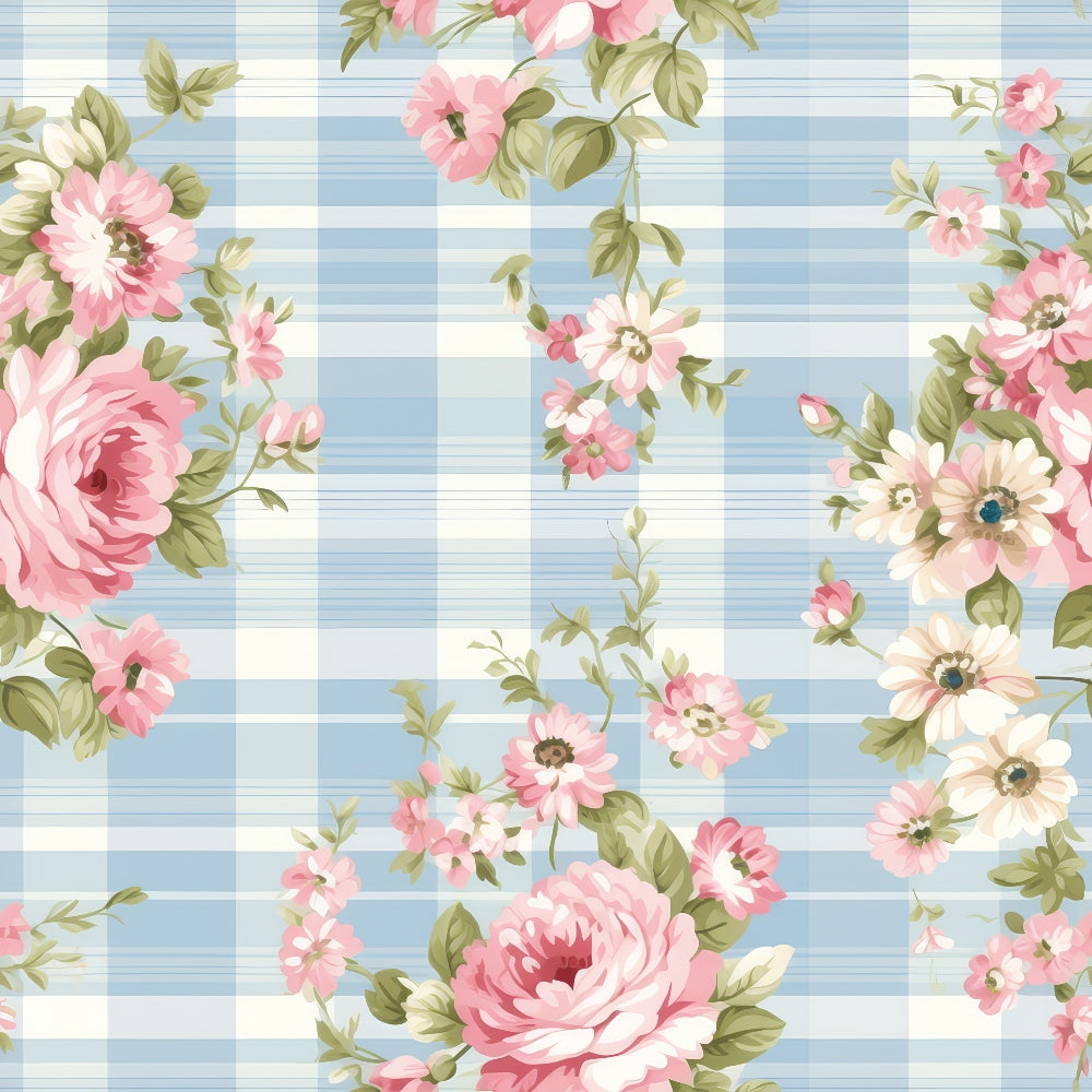 A floral pattern with pink and white flowers and green leaves on a blue and white plaid background.