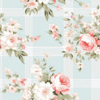 Floral pattern with pink and white flowers on a light blue plaid background.