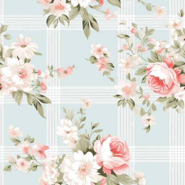 Floral pattern with pink and white flowers on a light blue plaid background.