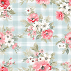 Floral pattern with red and white flowers and green leaves on a blue and white plaid background.