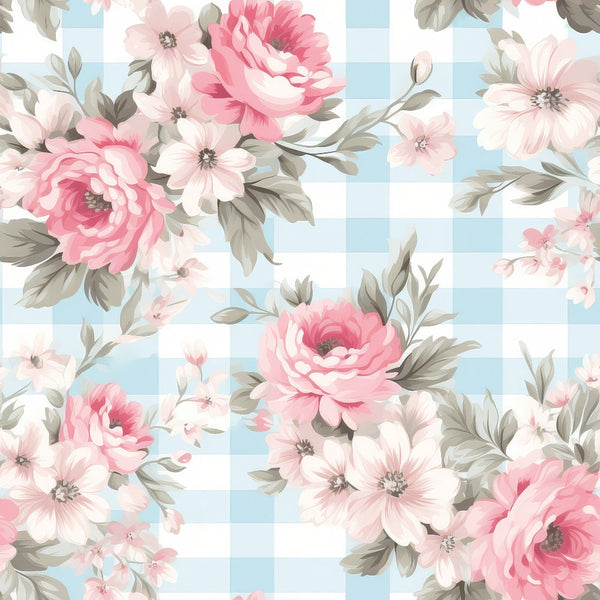 A floral pattern featuring pink and white flowers with green leaves on a light blue and white plaid background.