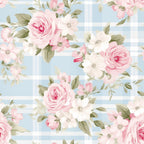 Floral pattern with pink roses and white daisies on a light blue plaid background.