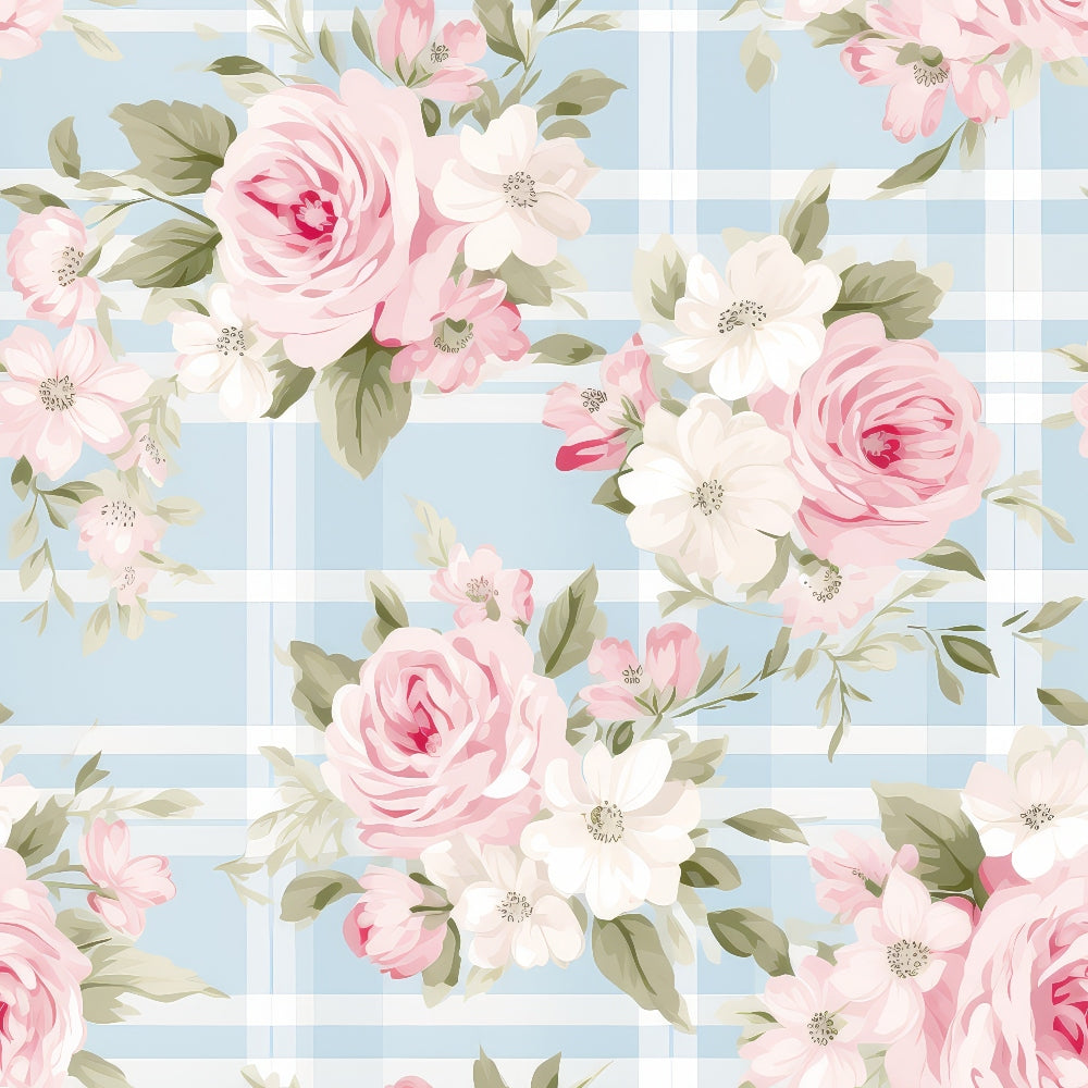 Floral pattern with pink roses and white daisies on a light blue plaid background.