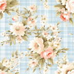 Floral pattern with cream and peach flowers and green leaves on a light blue plaid background.