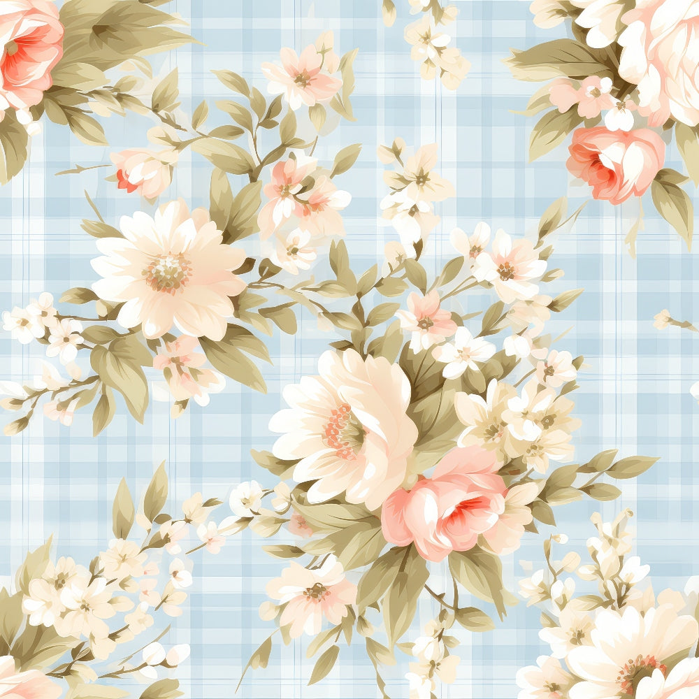 Floral pattern with cream and peach flowers and green leaves on a light blue plaid background.
