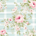 Floral pattern with large pink flowers and green leaves on a light blue and white checkered background.