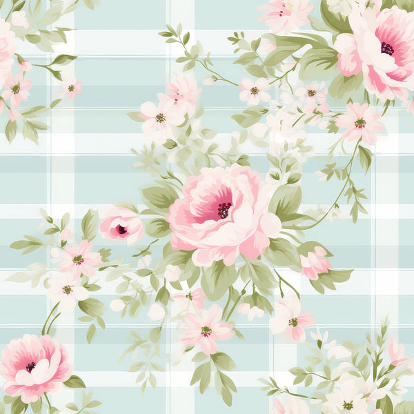 Floral pattern with large pink flowers and green leaves on a light blue and white checkered background.