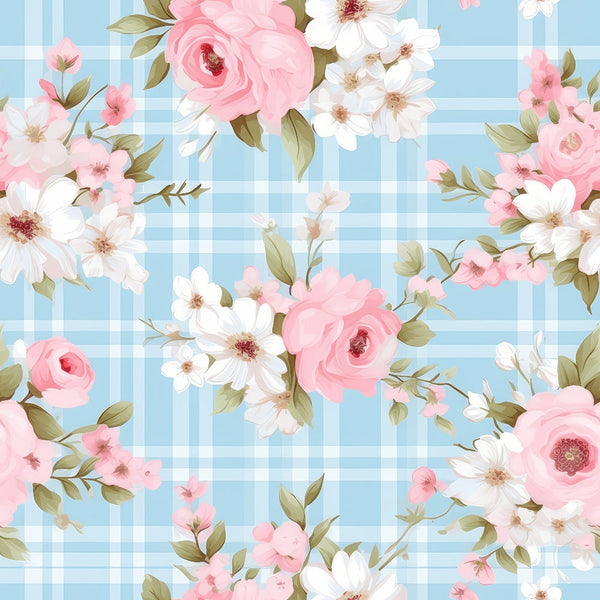 Floral pattern with pink and white flowers on a blue plaid background.