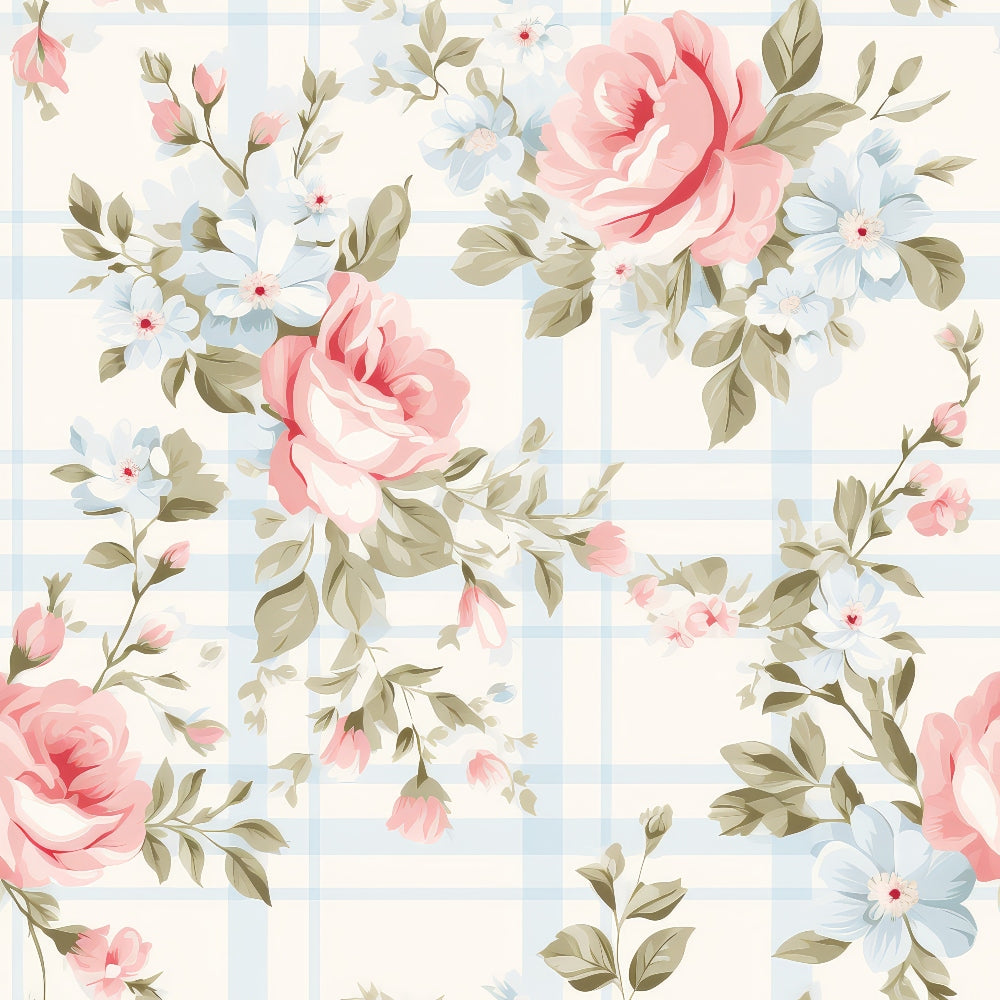 Floral pattern with pink and blue flowers, including roses, on a light plaid background.