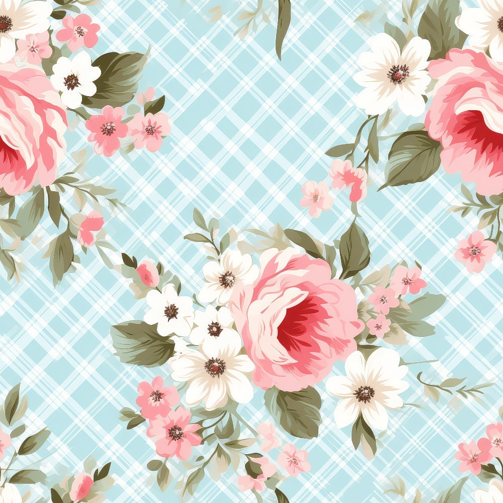Floral pattern with pink and white flowers on a blue plaid background.