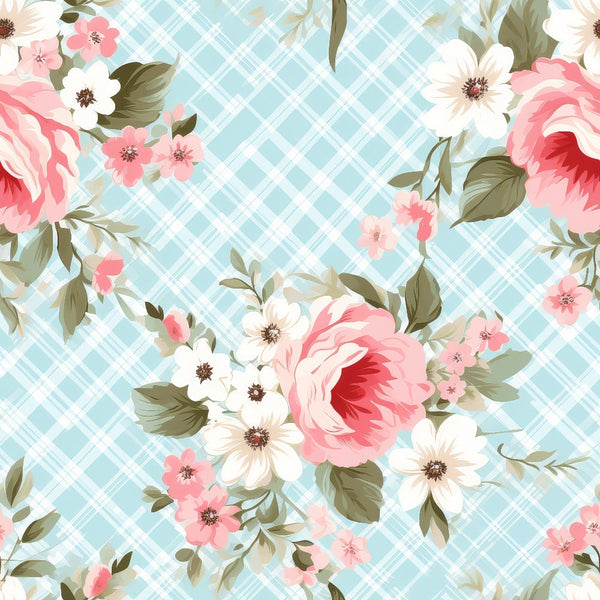 Floral pattern with pink and white flowers on a blue plaid background.