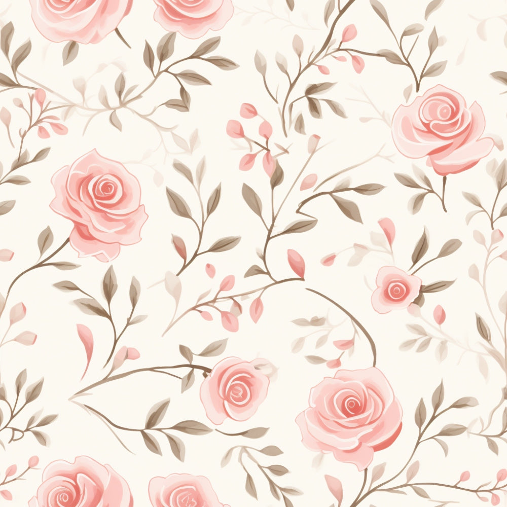 Floral pattern with pastel pink roses and brown leaves on a light background.