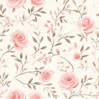 Floral pattern with pastel pink roses and brown leaves on a light background.