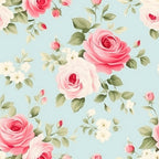Pattern of pink and white roses with green leaves on a light blue background.