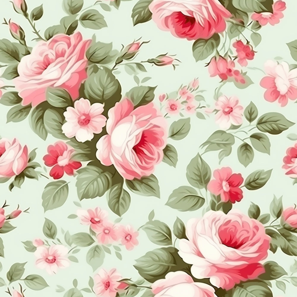 Floral pattern with pink and red roses, green leaves, and small flowers on a light green background.