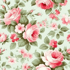 Floral pattern with pink and red roses, green leaves, and small flowers on a light green background.