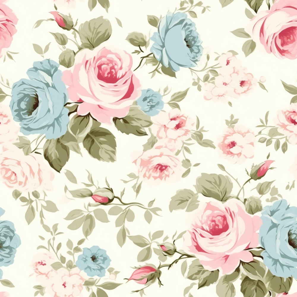 Pattern of pink and blue roses with green leaves on a light background.