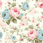 Pattern of pink and blue roses with green leaves on a light background.