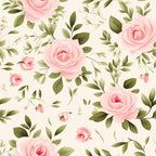 Pattern of pink roses with green leaves on a light background.