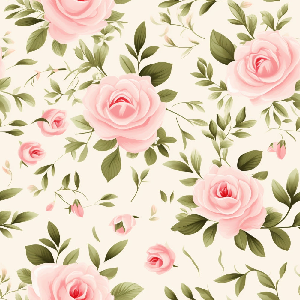 Pattern of pink roses with green leaves on a light background.