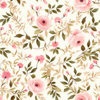 Pattern of pink roses and green leaves on a light background.