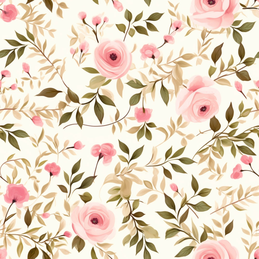 Pattern of pink roses and green leaves on a light background.