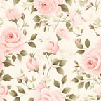 Pattern of pink roses and green leaves on a light background.