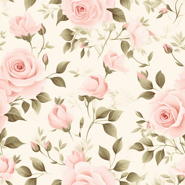 Pattern of pink roses and green leaves on a light background.